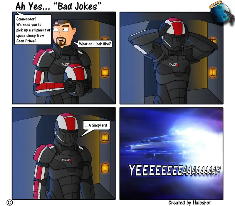 Bad jokes. Bad joke. Commander Shepard meme.